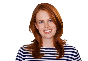Portrait, smile and fashion with a redhead woman isolated on a transparent background for style,...