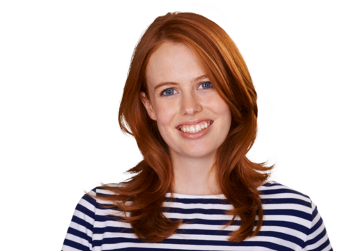 Portrait, smile and fashion with a redhead woman isolated on a transparent background for style, Face, happy and clothes with a trendy young ginger model on PNG to wear a casual clothes outfit