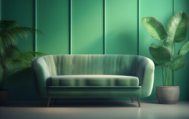 3D illustration of a soft green sofa against a green background, Generative AI
