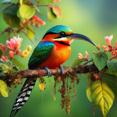 A cute colorful bird sitting in a branch of a tree. AI-Generated