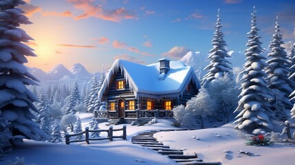 Fototapeta premium house in the mountains covered with snow in winter session generated by AI tool
