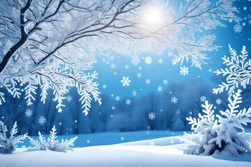 Winter Background with snow branches tree leaves and snowflakes on background Holiday Christmas greeting card