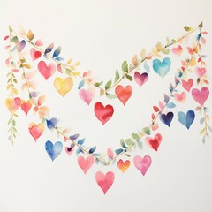 Watercolor love heart garland, white background. AI generate illustration