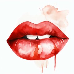 Watercolor red lips, single, white background. AI generate illustration