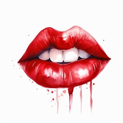 Watercolor red lips, single, white background. AI generate illustration