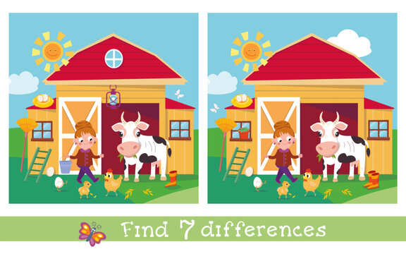 Cute children farmers and animals. Find 7 differences. Educational puzzle game for children.  Cartoon funny characters. Vector illustration for kids.