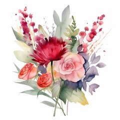 Watercolor Valentine's Day bouquet with mixed flowers, white background. AI generate