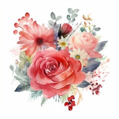 Watercolor Valentine's Day bouquet with mixed flowers, white background. AI generate