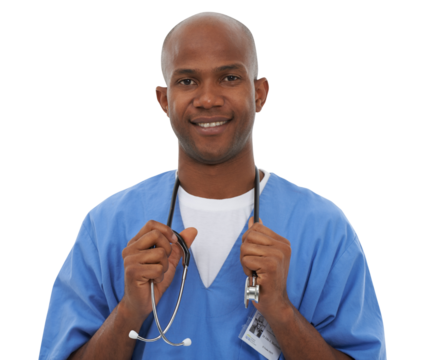 Happy black man, portrait and doctor, stethoscope or healthcare isolated on a transparent PNG background. Face of African male person, nurse or medical professional smile for health advice or help