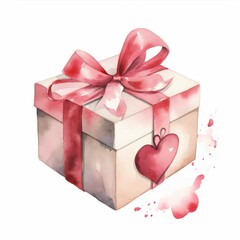 Watercolor Valentine's Day gift box, white background. AI generate illustration