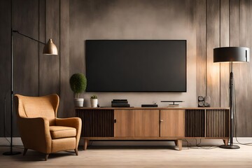 Modern TV on cabinet, armchair and lamps indoors. Interior design