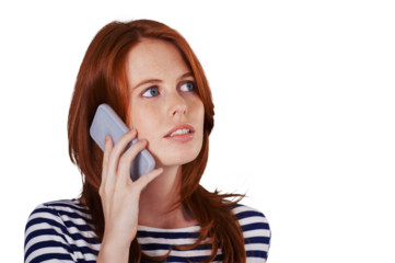 Face, woman and phone call for communication, talk or discussion by cellular, network or connection. Female model, mobile and consultation for opportunity on isolated or transparent png background