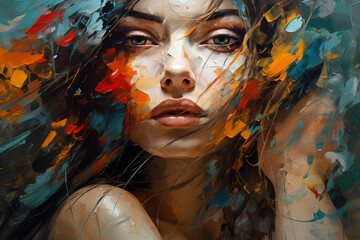 Beautiful woman sensual portrait with artistic bold brush strokes on canvas