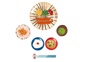 水彩風　和食（焼き鮭・白米・味噌汁・そら豆・金平・プチトマト・アスパラガス・卵焼き・梅干し）セットWatercolor Style Cooking Series:Japanese meal set (grilled salmon, white rice, miso soup, broad beans, kinpira, cherry tomatoes, asparagus....)