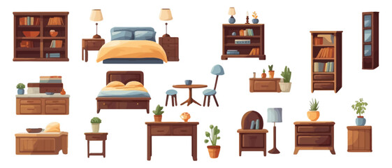 Set of home interior furniture on white background.