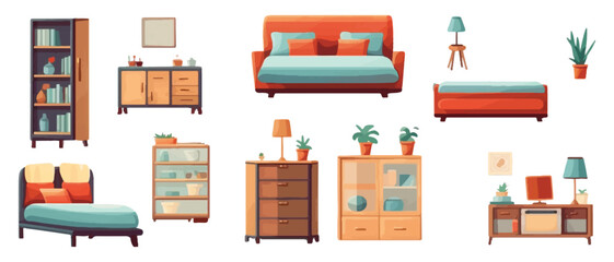 Set of home interior furniture on white background.