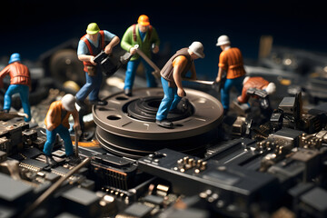 Small toy people engineers repairing technics and computer motherboards and components illustration  - obrazy, fototapety, plakaty
