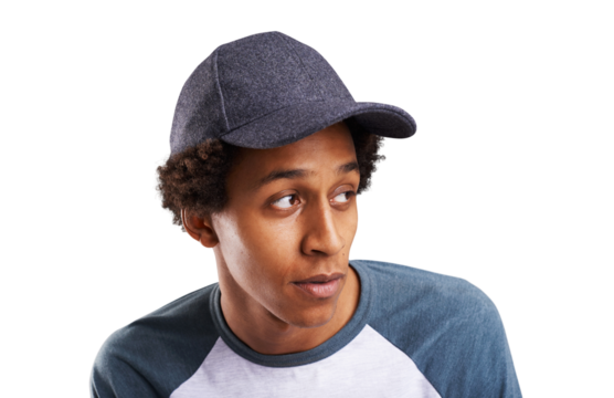 Thinking, fashion and face of black man with hat on isolated, png and transparent background. Attractive, accessories and person in trendy clothes, casual outfit and style with confidence and pride