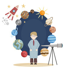 Cute graphics space scientist experimental equipment illustration, astronomy science supplies composition clipart
