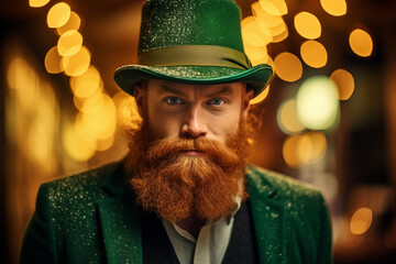 St Patrick's day concept - handsome irish man with beard, pub background