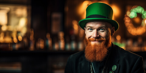 St Patrick's day concept - handsome irish man with beard, pub background