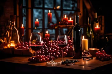 Fotobehang Red wine tasting at home: wine bottle, wineglass, corkscrew and candles on a table in the living room at night © usman