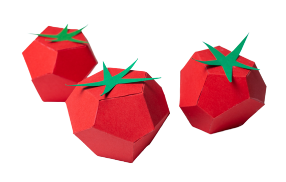 Handmade paper tomatoes, isolated on white or transparent background cutout.