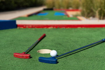 Naklejka premium Close-up of miniature golf hole with bat and ball