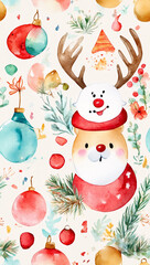 Christmas and Happy New Year seamless pattern with Christmas toys and gifts. Trendy retro and watercolor style. botanical plants,
flowers and bells. Textile or wallpaper print. 100% Seamless pattern.