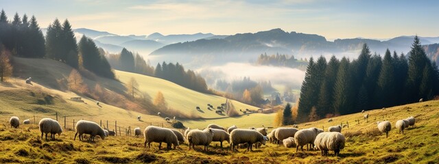 Traditional sheep pasture in Pieniny mountains in Poland. Last days of sheep grazing in autumn - obrazy, fototapety, plakaty