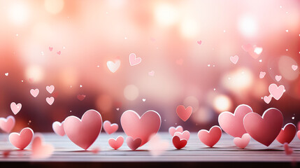 Valentine's day background with red hearts and bokeh lights. Generative AI technology.