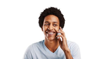 Happy, phone call or black man with conversation, communication or network isolated on transparent background. African person, model or guy with smartphone, talking or smile with app, contact or png