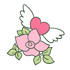 Flying heart with wings and rose flower isolated on white. Hand drawn sketch of light pink and green colors in doodle style. Vector picture for Valentine's Day card design, romantic and love print.