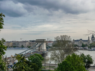 Széchenyi Chain Bridge from the Buda Castle Hill in Budapest, Hungary