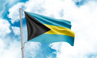 Bahamas flag waving on sky background. 3D Rendering