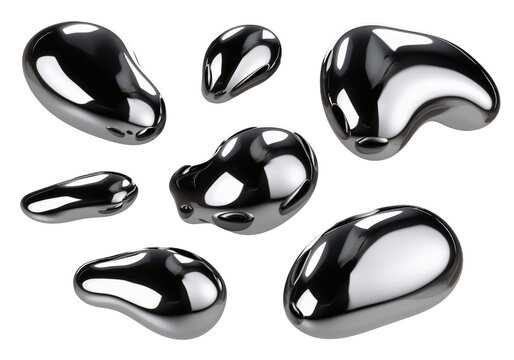 Y2K Melted chrome liquid metal blob shapes set isolated. Melted gloss aluminium mercury drop form. Futuristic aluminium flux droplets