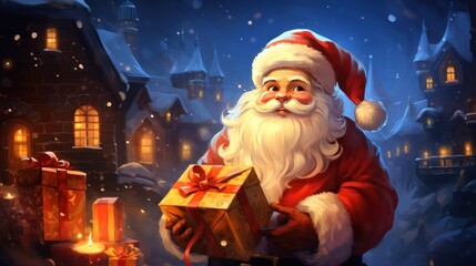 a person in a santa suit holding a book in a snowy town. Ai ilustration. digital painting. Generative AI Artificial Intelligence Artwork