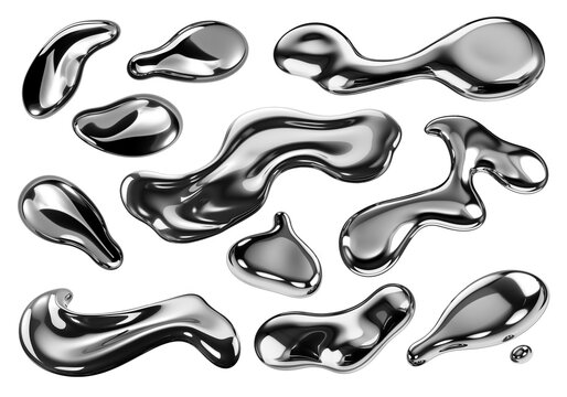 Y2K Melty chrome shapes isolated. Spilled liquid metal drops. Futuristic metallic puddles