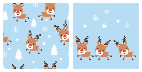 Christmas or New year seamless pattern with reindeer cartoons, pine tree and snowflakes on blue sky background. Reindeer set and snow icon. 