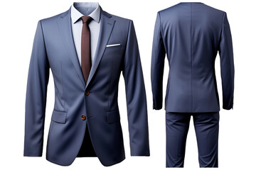 Front and back view minimalist blue suit, on transparent background