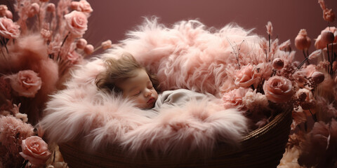 Baby in Pink farbiger Kuschelkleidung in der Baby Korb mit Blumen dekoriert als Poster und Kalender, ai generativ
