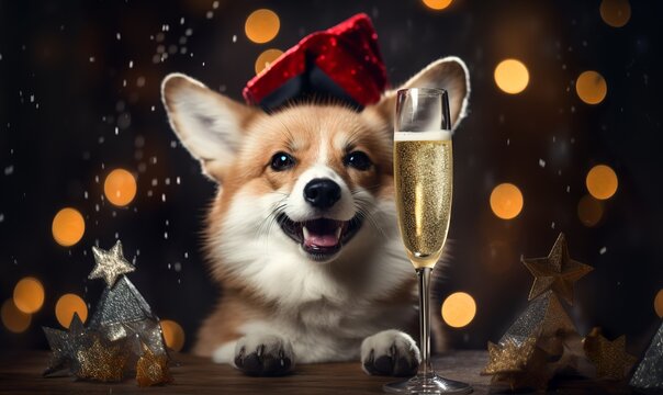 A Funny Corgi Is Giving A Toast With A Glass Of Champagne