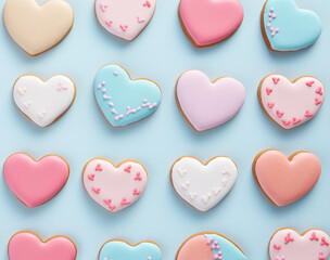 Fototapeta premium Pattern of colorful heart-shaped homemade gingerbread cookies with colorful confetti on a pastel blue background. Banner, aerial view, flat layout. Birthday, Valentine's day and Woman day present