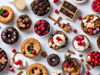 Assorted Christmas holiday desserts and sweets. Top view panoramic table scene over a white table