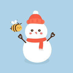 Snowman and bee cartoon on blue background vector illustration.