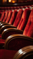 Rows of red theatre seats at a vintage movie palace. Space for text.
