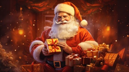 a person in a santa suit holding a gift box. Ai ilustration. digital painting. Generative AI Artificial Intelligence Artwork