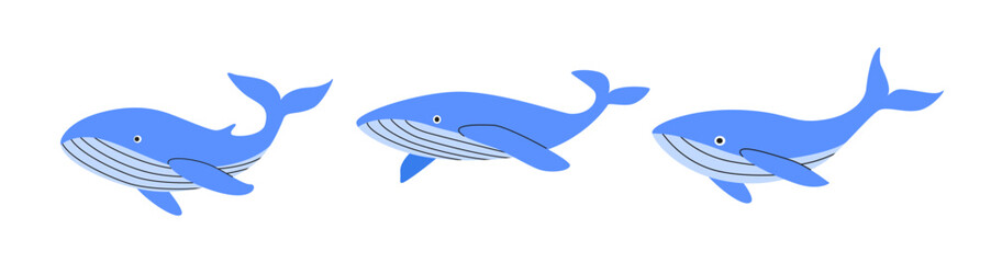 Set of blue whales in flat style. Sea animals. World Whale Day. Underwater world. Marine sealife. Vector illustration for print, card, logo, poster, banner.