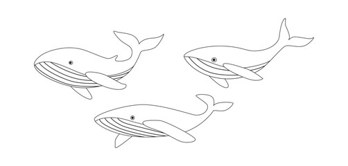 Set of linear blue whales. Sea animal. Modern line art, doodle, artistic drawing, sketch, icon. World whale day. Save the ocean. Defense day. Coloring book.