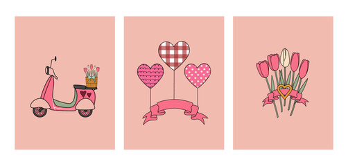 Set of Valentine's day greeting cards, flyers, posters. Layout template in retro vintage style. Pink colors. Flowers and hearts with ribbon, scooter.